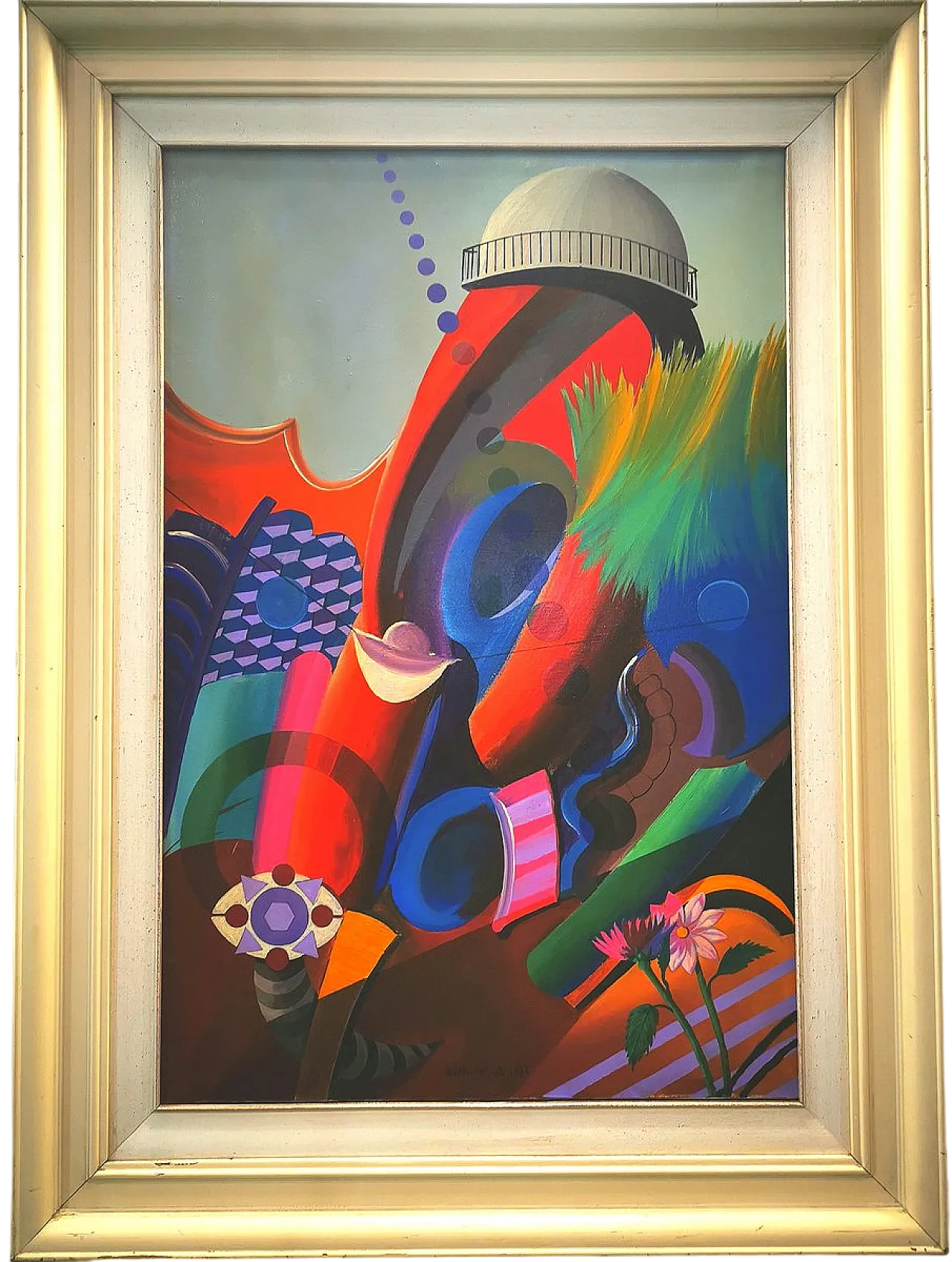 Fantastic World di Walter Visioli, olio su tela con cornice, anni '70 4