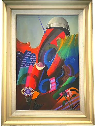 Fantastic World di Walter Visioli, olio su tela con cornice, anni '70