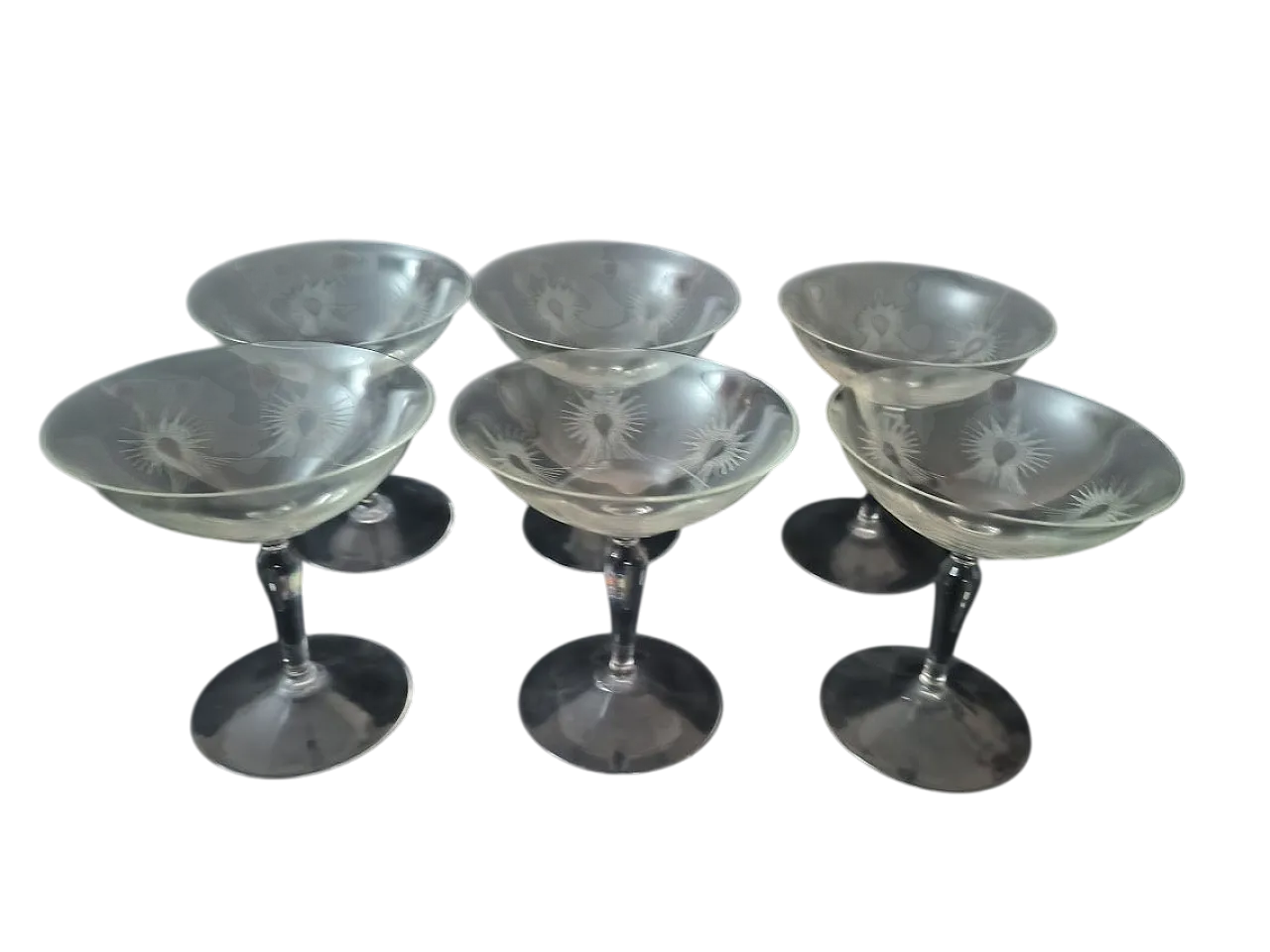 6 Bicchieri da champagne Art Déco in cristallo inciso, anni '30 5