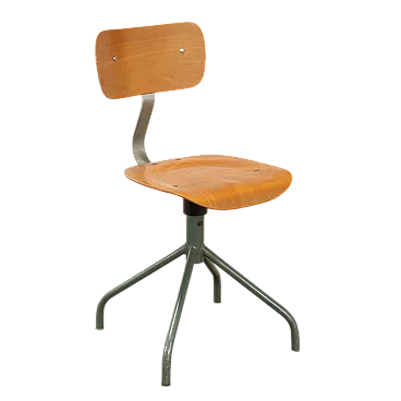 Sgabello Industriale in metallo e compensato, fine '900