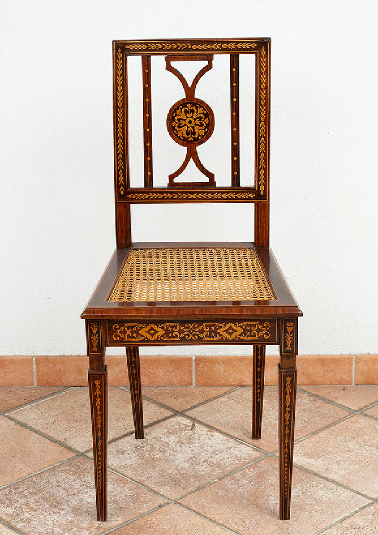 Sedia Luigi XVI in legni pregiati, '700 1