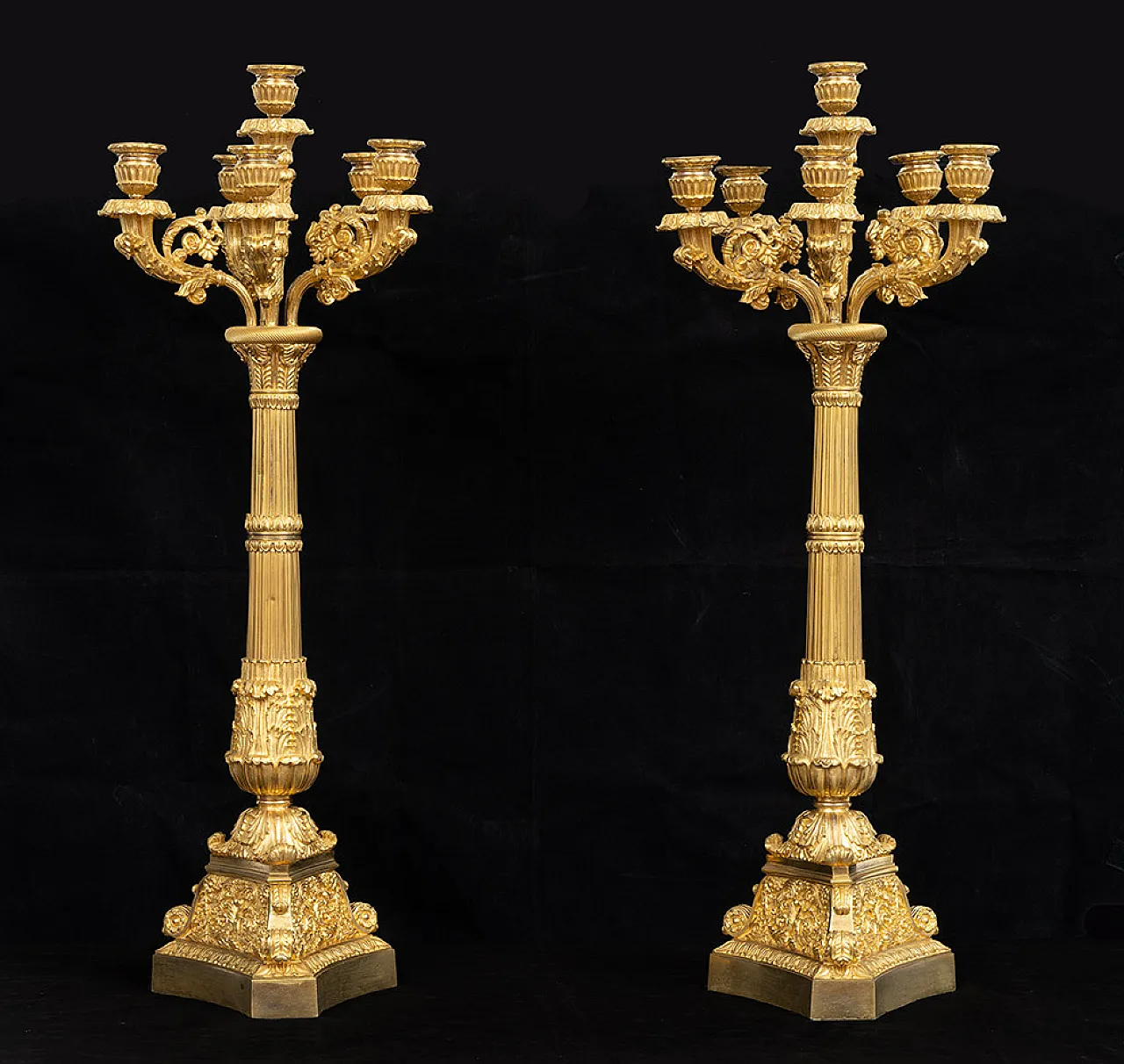 Pair of antique candelabra Charles X with six flames in golden bronze app 1
