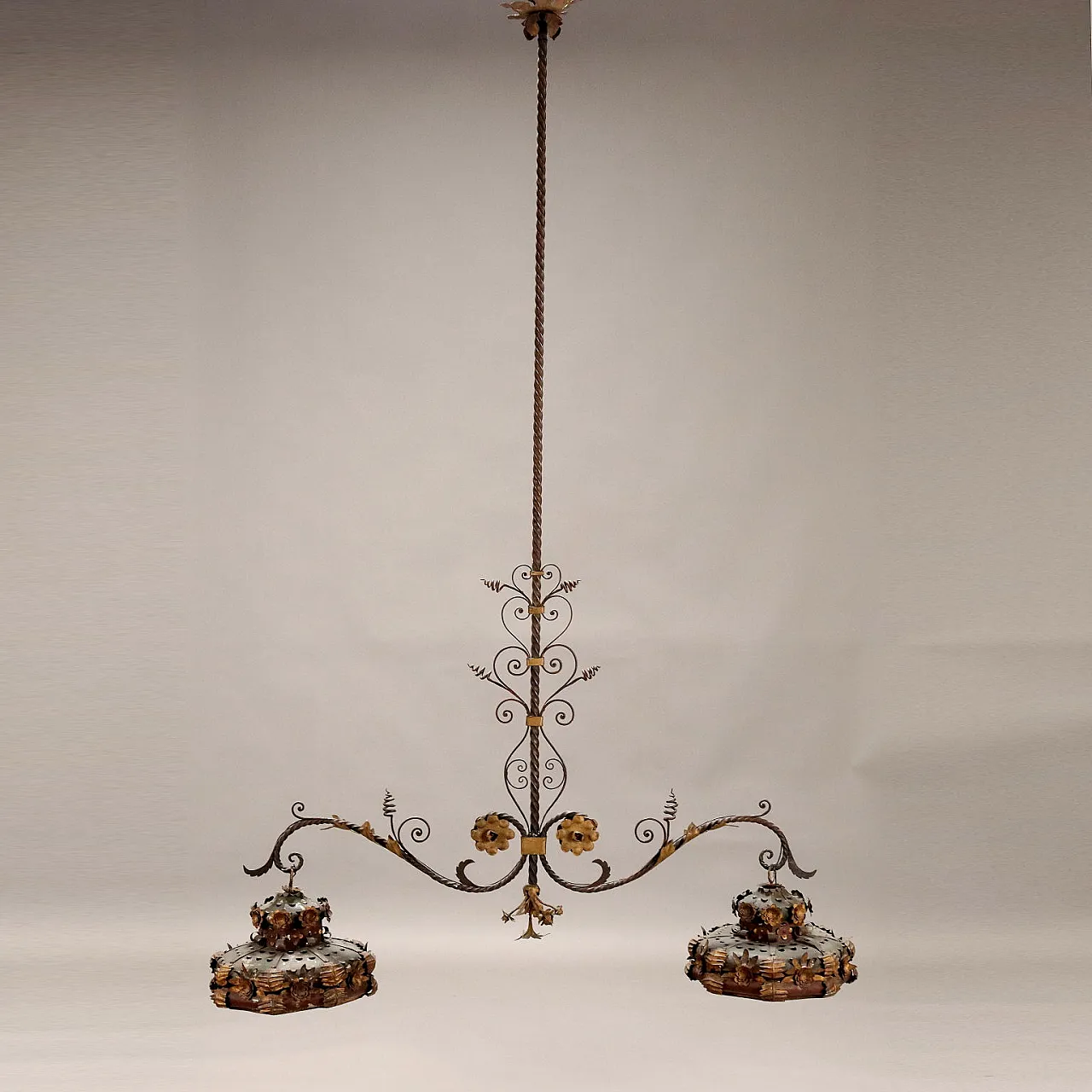 Wrought iron and sheet metal two-arm chandelier, late 19th century 1