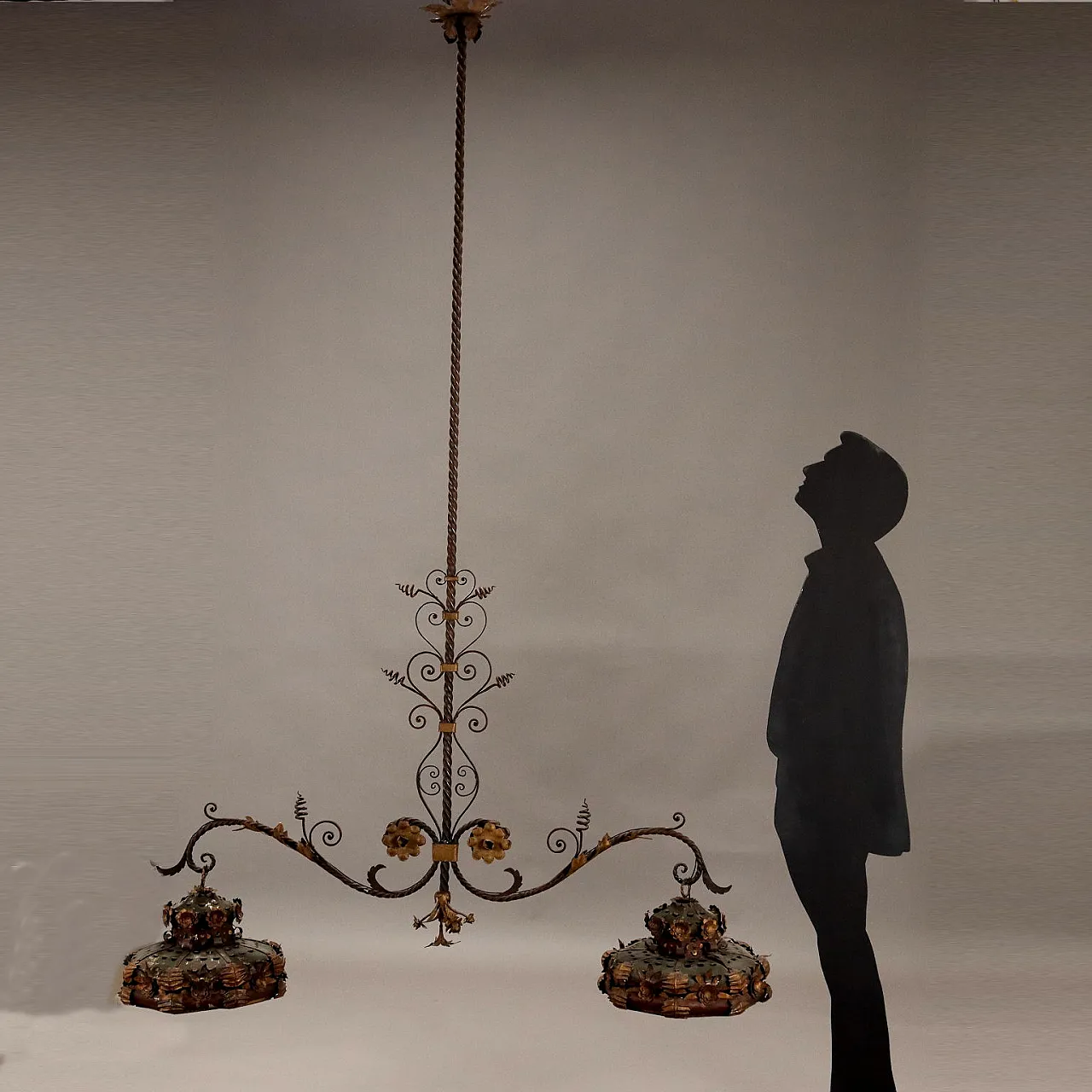 Wrought iron and sheet metal two-arm chandelier, late 19th century 2