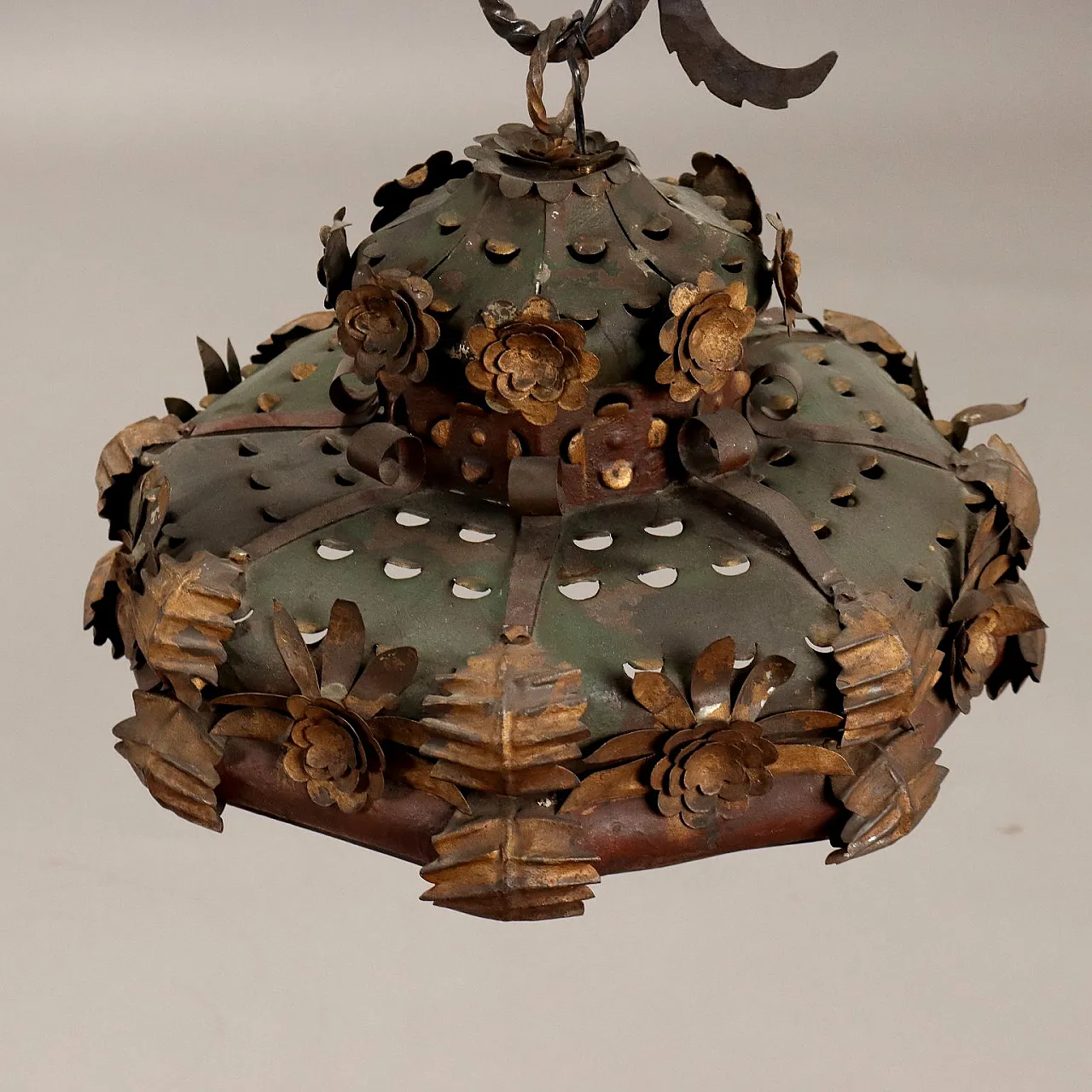 Wrought iron and sheet metal two-arm chandelier, late 19th century 4