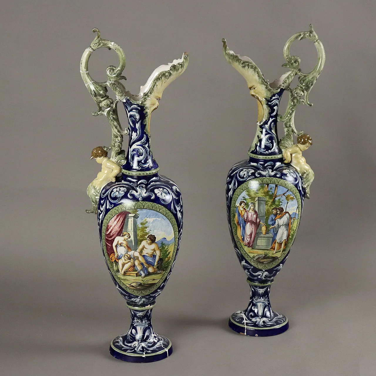 Pair of Neo-Renaissance glazed terracotta amphorae, 19th century 1