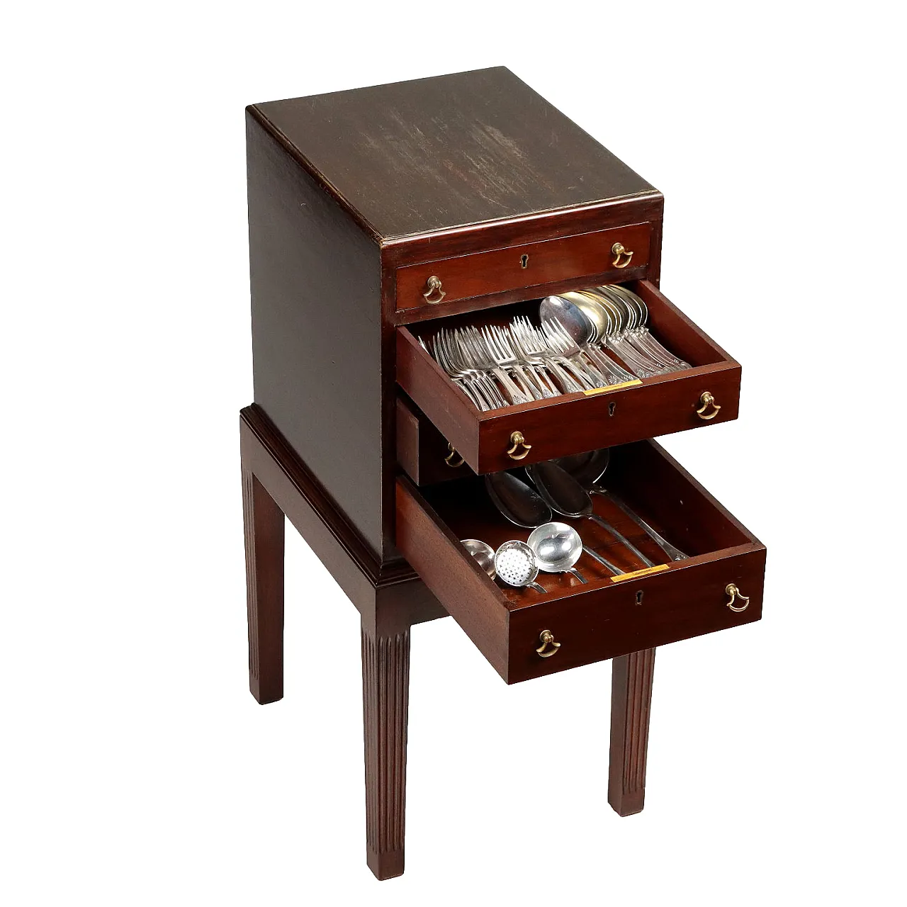 Posate in argento e mobiletto con cassetti in mogano, '800 1