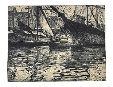 Stampa La vita nel porto (n4) Genova di Guglielmo Baldassini,  '900