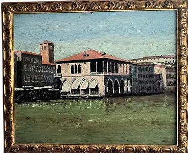 Pescherie di Rialto a Venezia di Gino Fiora, olio su faesite, anni '70