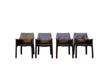 4 Sedie Cab 413 in pelle di Mario Bellini per Cassina, anni '70