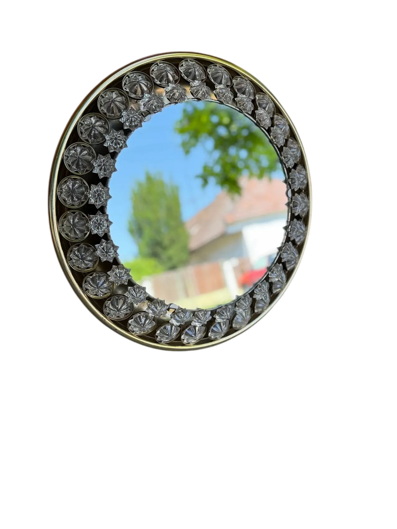 Specchio da parete rotondo con luce e stelle in cristallo, anni '60 5