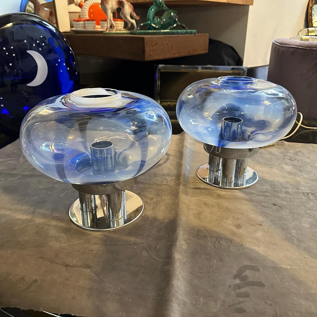 Coppia di lampade in vetro di Murano e acciaio di Mazzega, anni '70 5