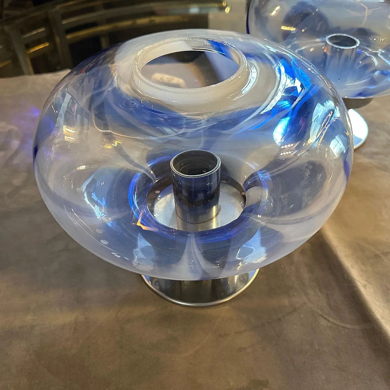 Coppia di lampade in vetro di Murano e acciaio di Mazzega, anni '70 6