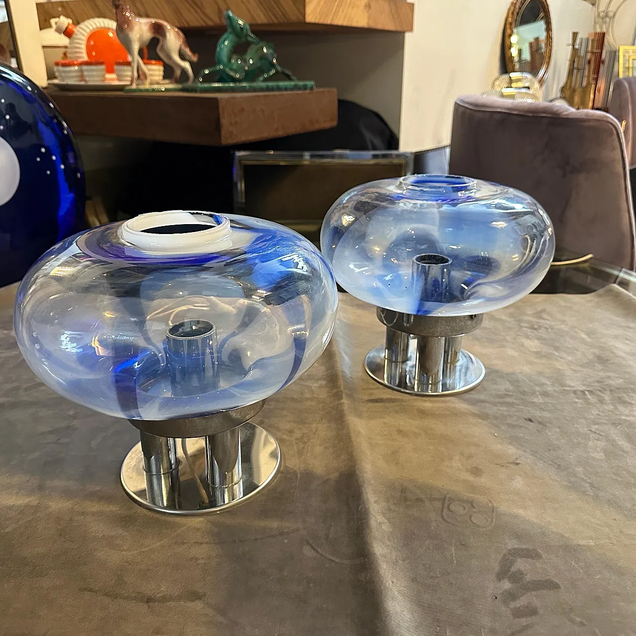 Coppia di lampade in vetro di Murano e acciaio di Mazzega, anni '70 10