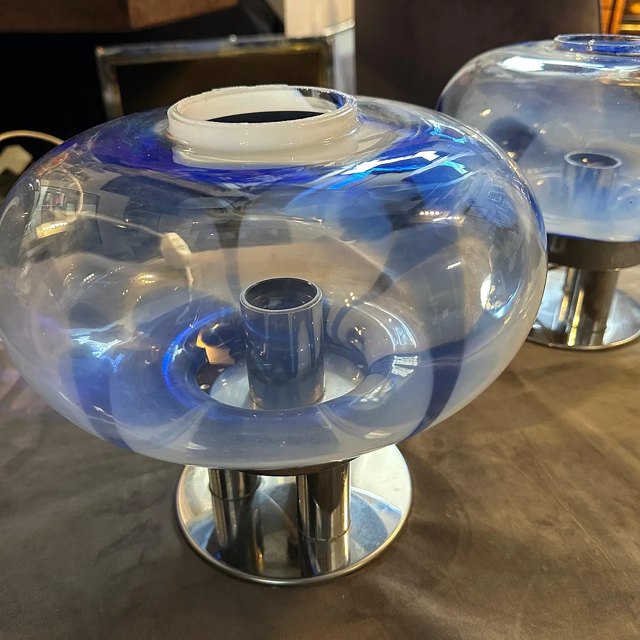 Coppia di lampade in vetro di Murano e acciaio di Mazzega, anni '70 11