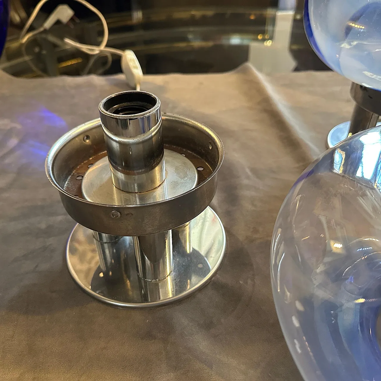 Coppia di lampade in vetro di Murano e acciaio di Mazzega, anni '70 12