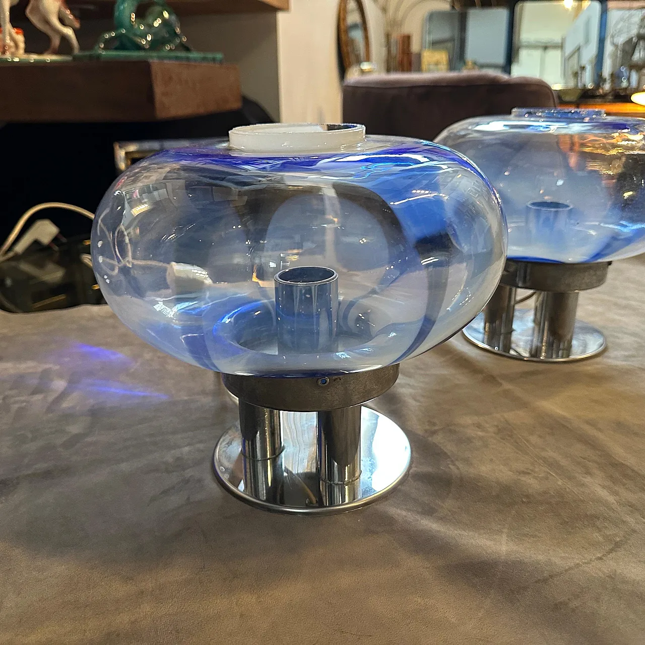 Coppia di lampade in vetro di Murano e acciaio di Mazzega, anni '70 14