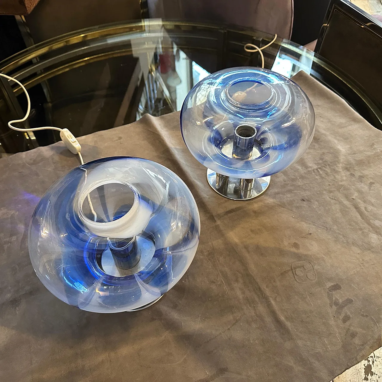 Coppia di lampade in vetro di Murano e acciaio di Mazzega, anni '70 16