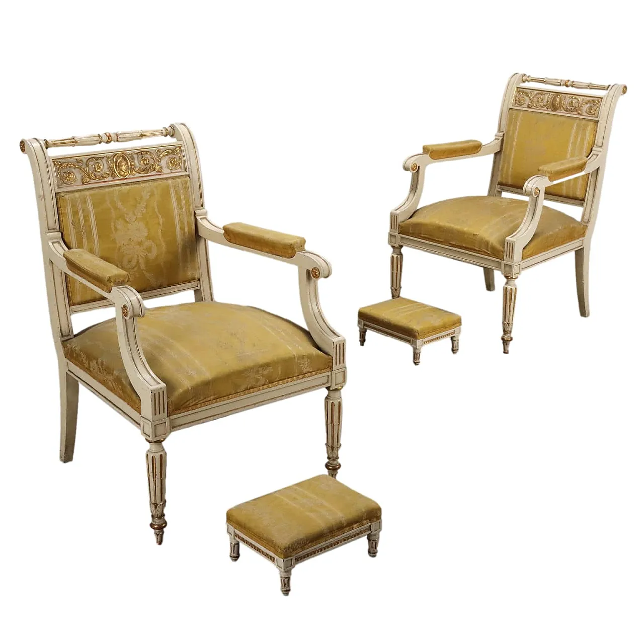 Pair of neoclassical style armchairs with footstools, 19th century 1