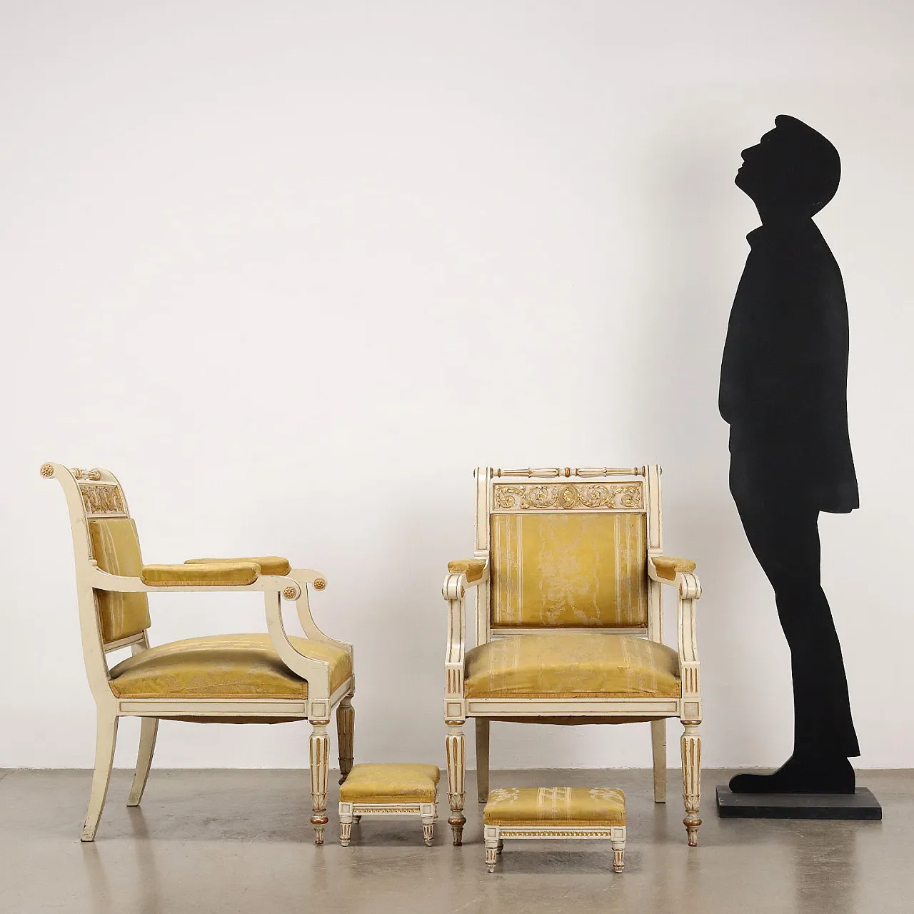 Pair of neoclassical style armchairs with footstools, 19th century 2