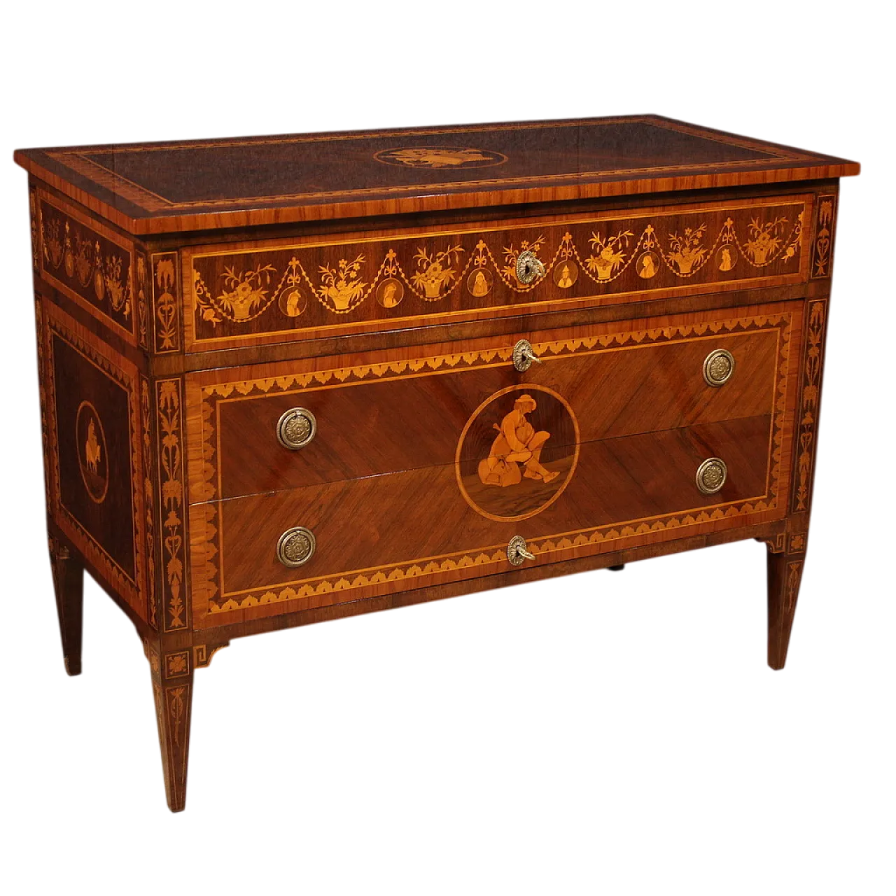 Comò italiano intarsiato in stile Luigi XVI, '900 13