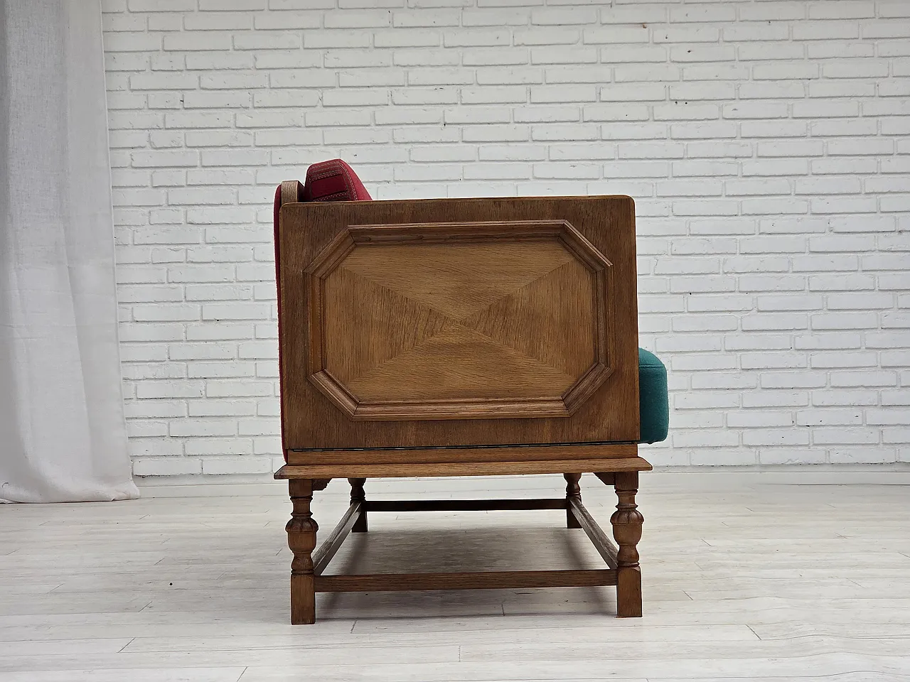 Danish 2-seater drop-leaf sofa in wool and oak wood, 1950s 13