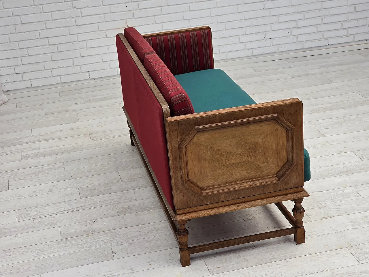Danish 2-seater drop-leaf sofa in wool and oak wood, 1950s 14
