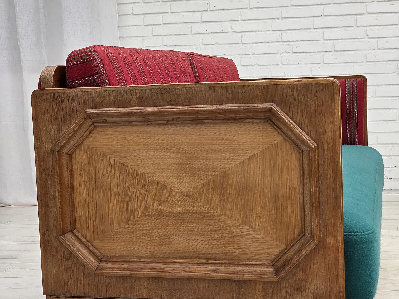 Danish 2-seater drop-leaf sofa in wool and oak wood, 1950s 15