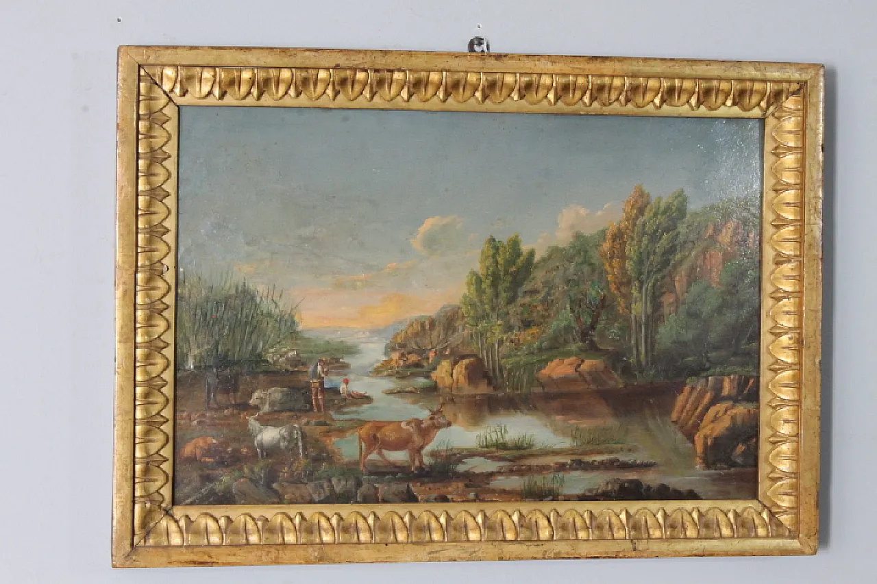 Dipinto di paesaggio olio su tavola in cornice, fine '700 1