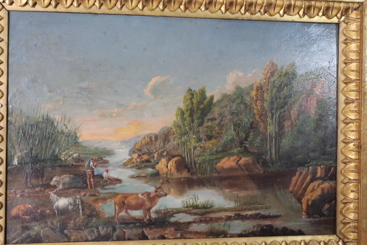 Dipinto di paesaggio olio su tavola in cornice, fine '700 9