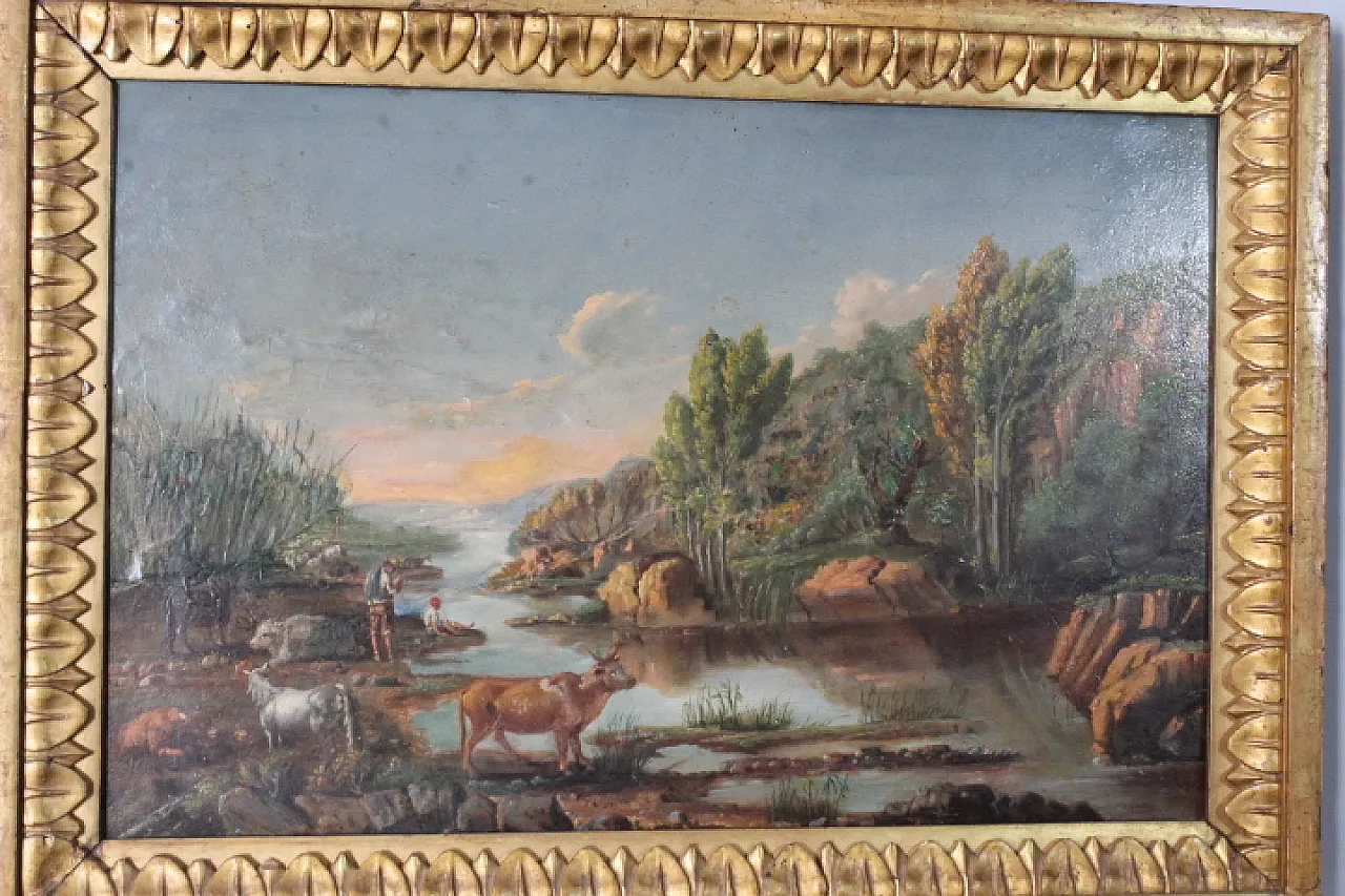 Dipinto di paesaggio olio su tavola in cornice, fine '700 10