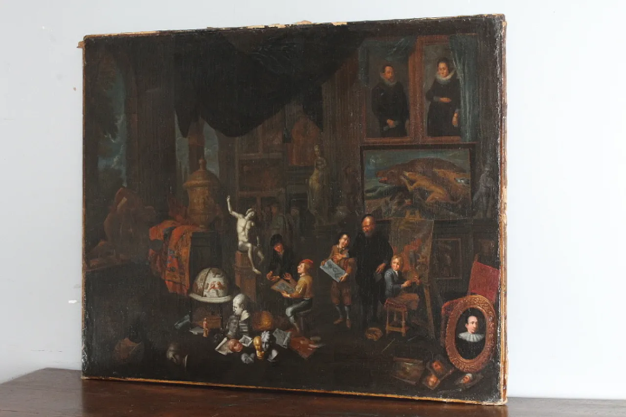 Dipinto olio su tela fiammingo atelier d artista, '600 1