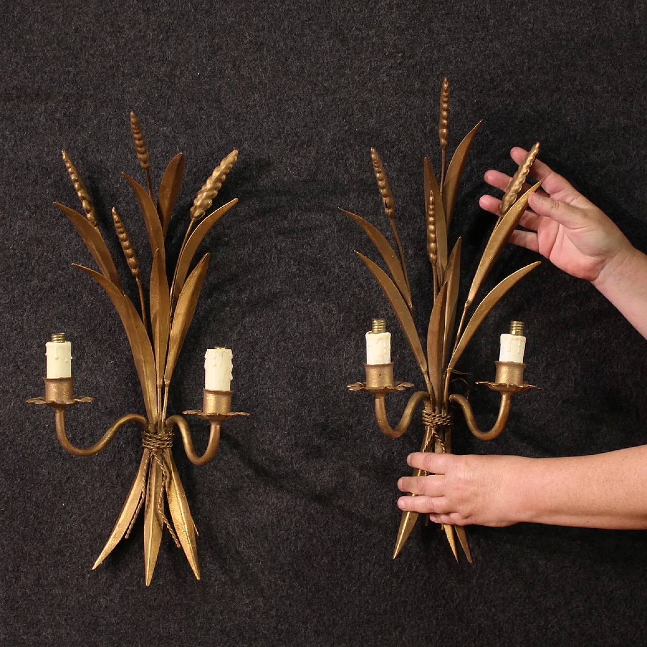 Pair of French gilded iron wheat appliques, 20th century 2