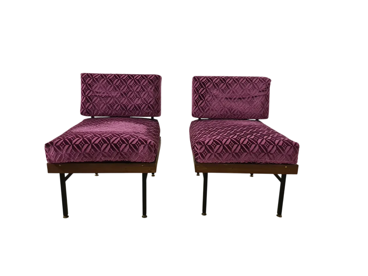 Coppia di poltroncine in metallo, legno e velluto, anni '60 10