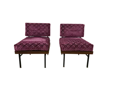 Pair of metal, wood and velvet armchairs, 1960s