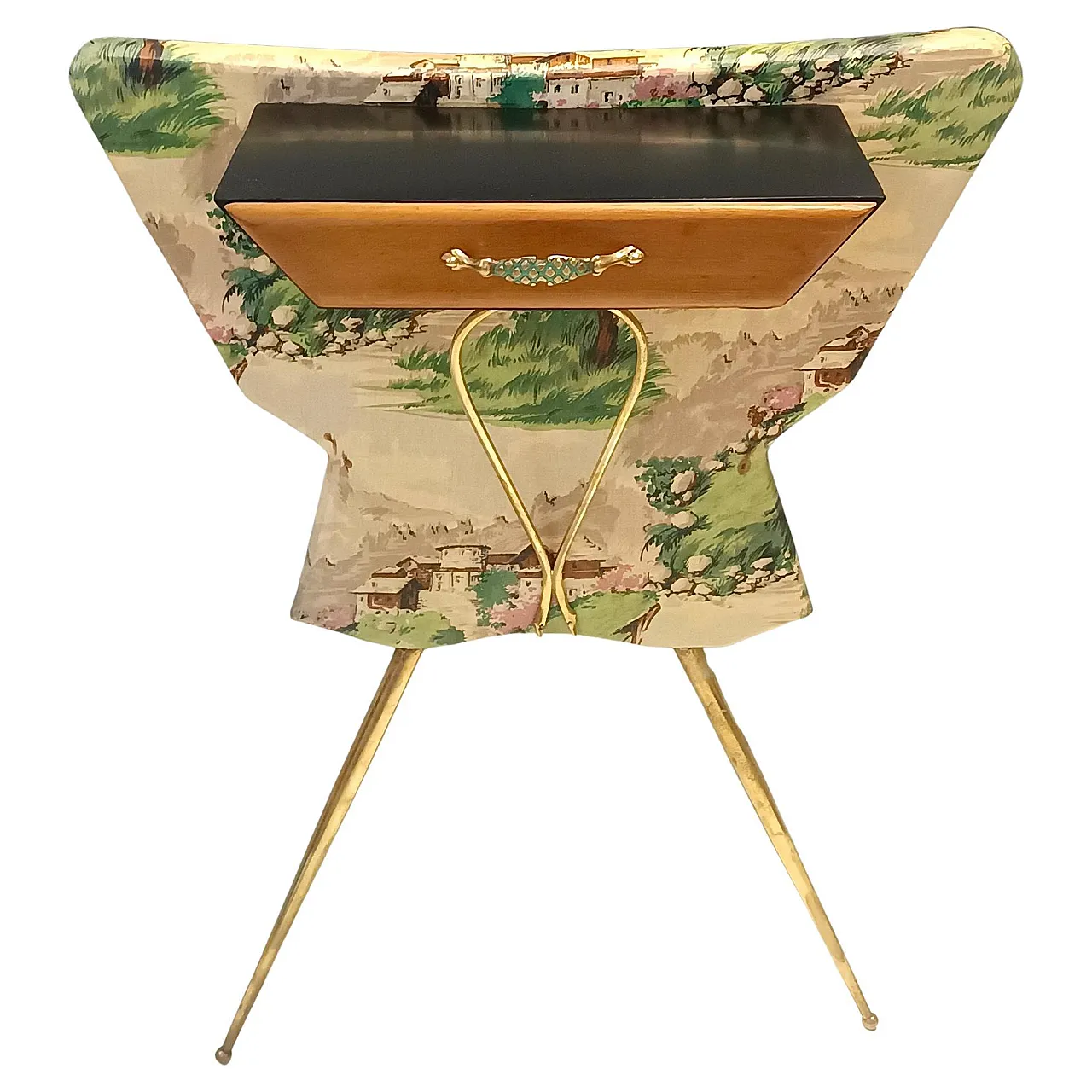 Ebonized beech and fabric console table with a drawer, 50s 1