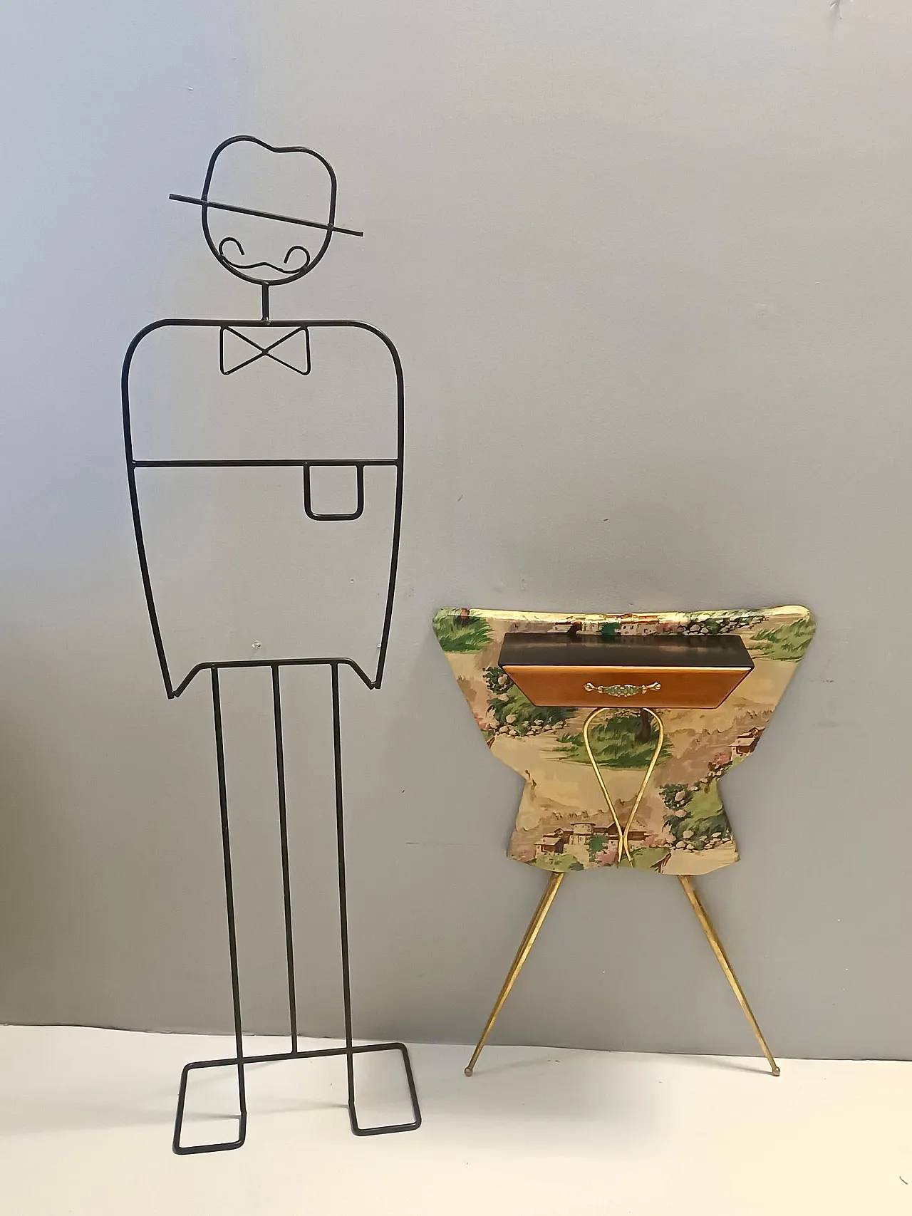 Ebonized beech and fabric console table with a drawer, 50s 2