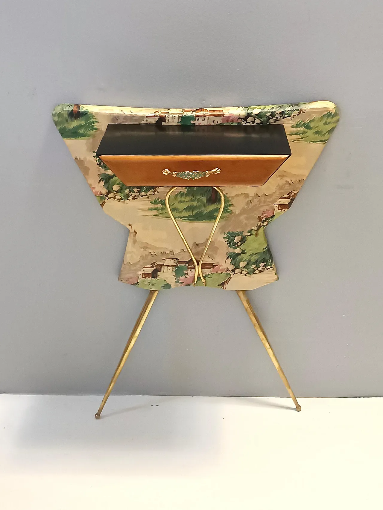 Ebonized beech and fabric console table with a drawer, 50s 3