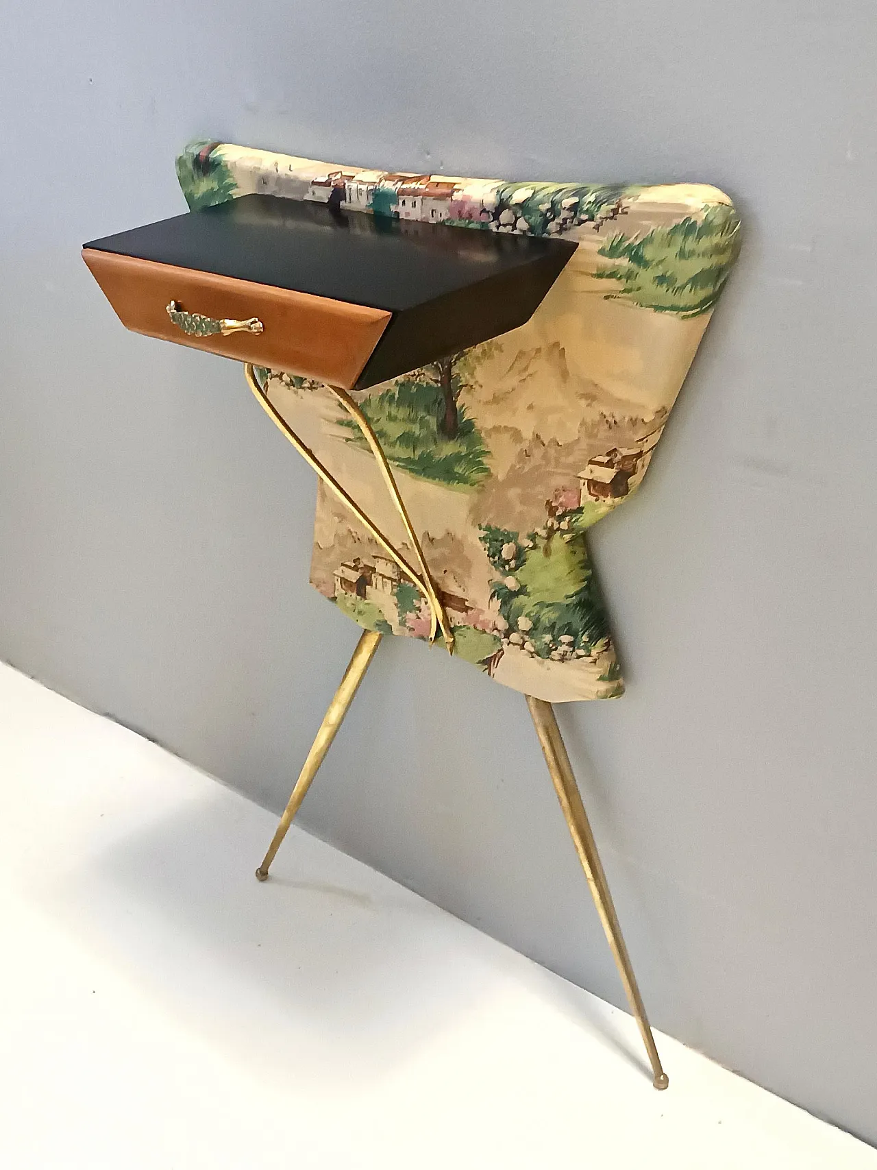 Ebonized beech and fabric console table with a drawer, 50s 4