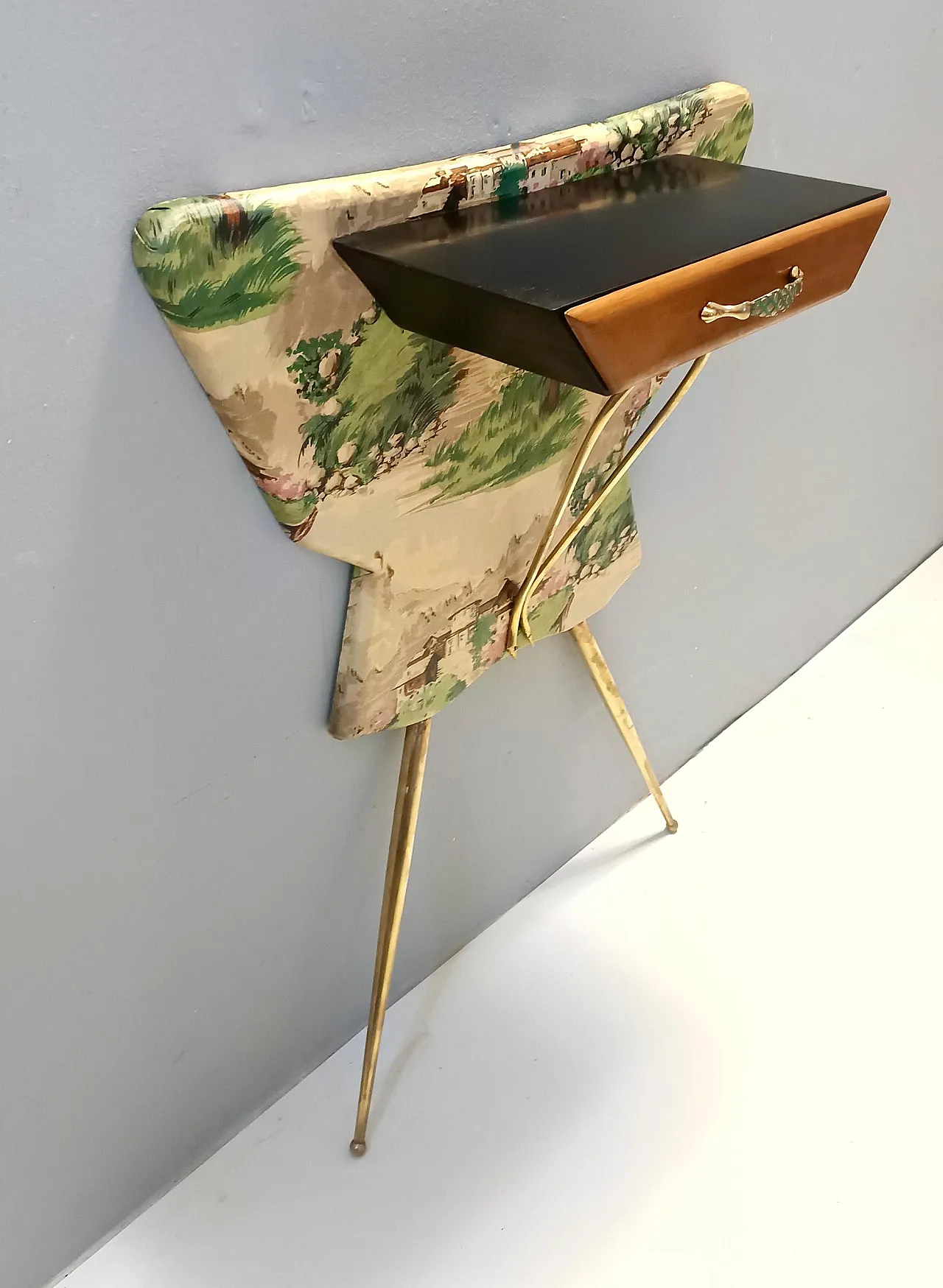 Ebonized beech and fabric console table with a drawer, 50s 5