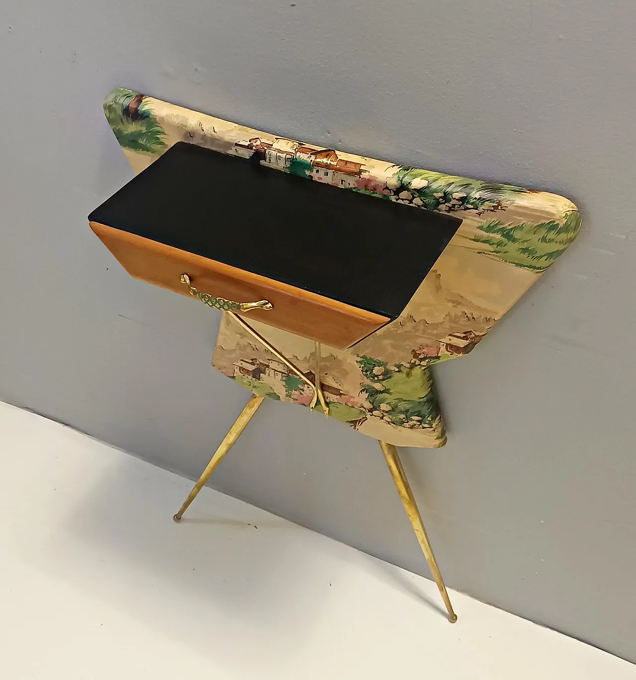 Ebonized beech and fabric console table with a drawer, 50s 6