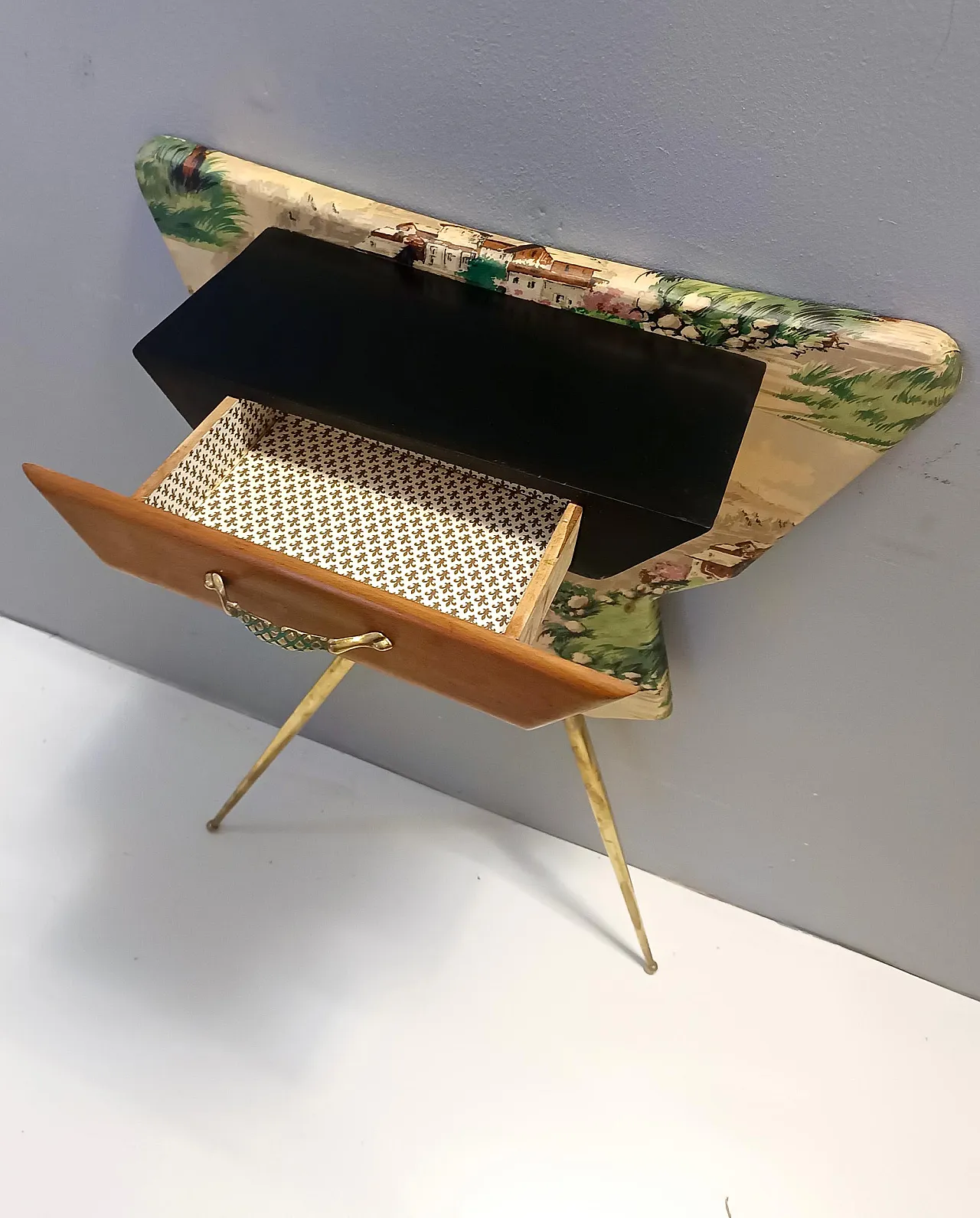 Ebonized beech and fabric console table with a drawer, 50s 7