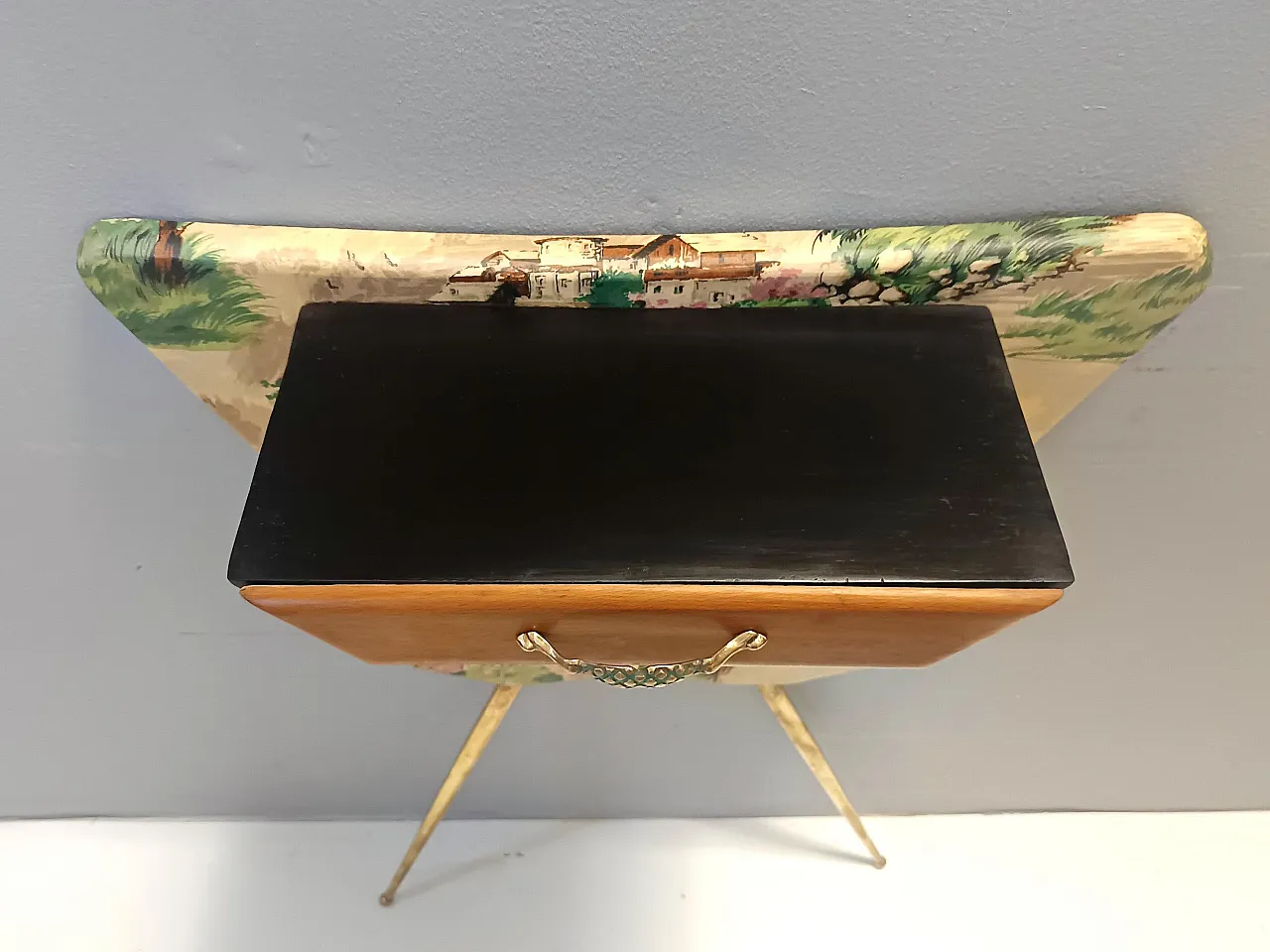 Ebonized beech and fabric console table with a drawer, 50s 8