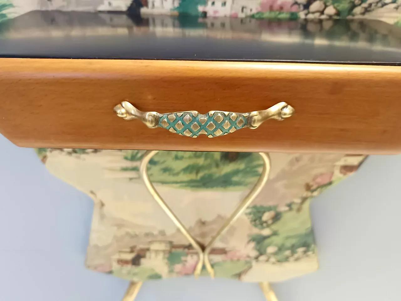 Ebonized beech and fabric console table with a drawer, 50s 9