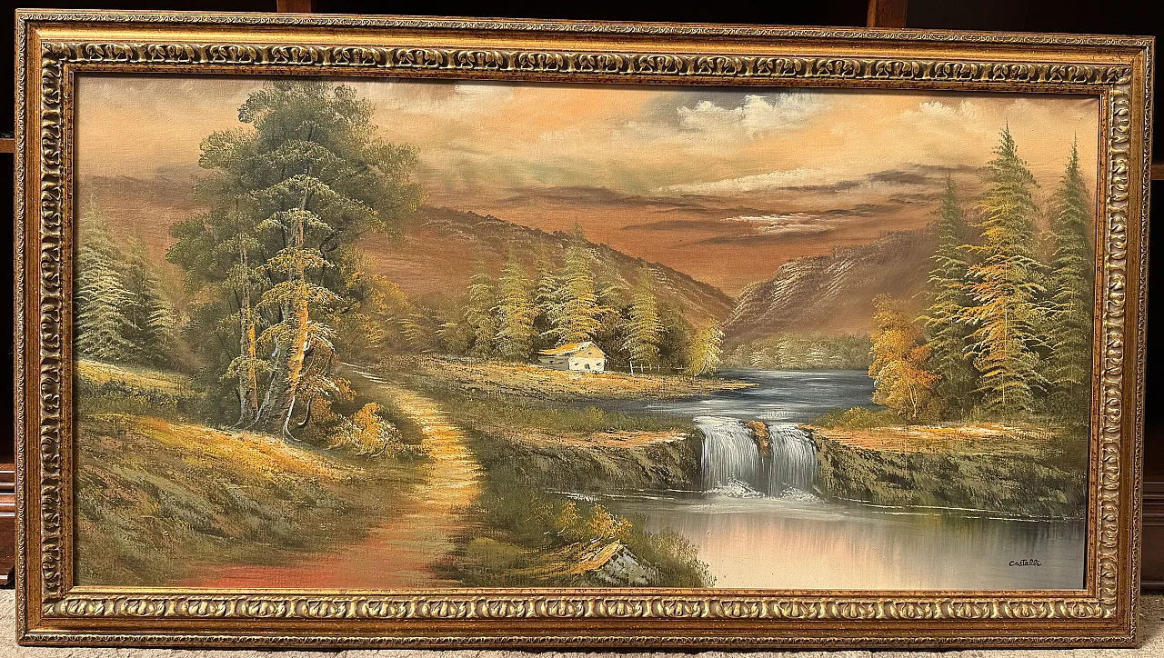 Oil painting on canvas mountain landscape by Castelli, 1984 1
