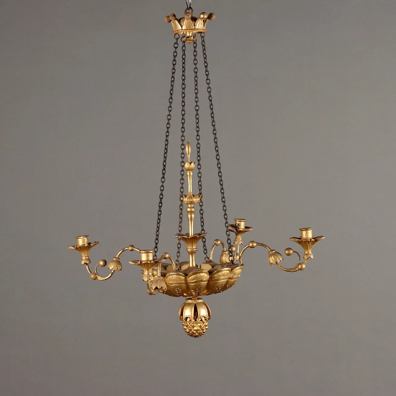 Lampadario Biedermeier in ferro e legno, '800 1