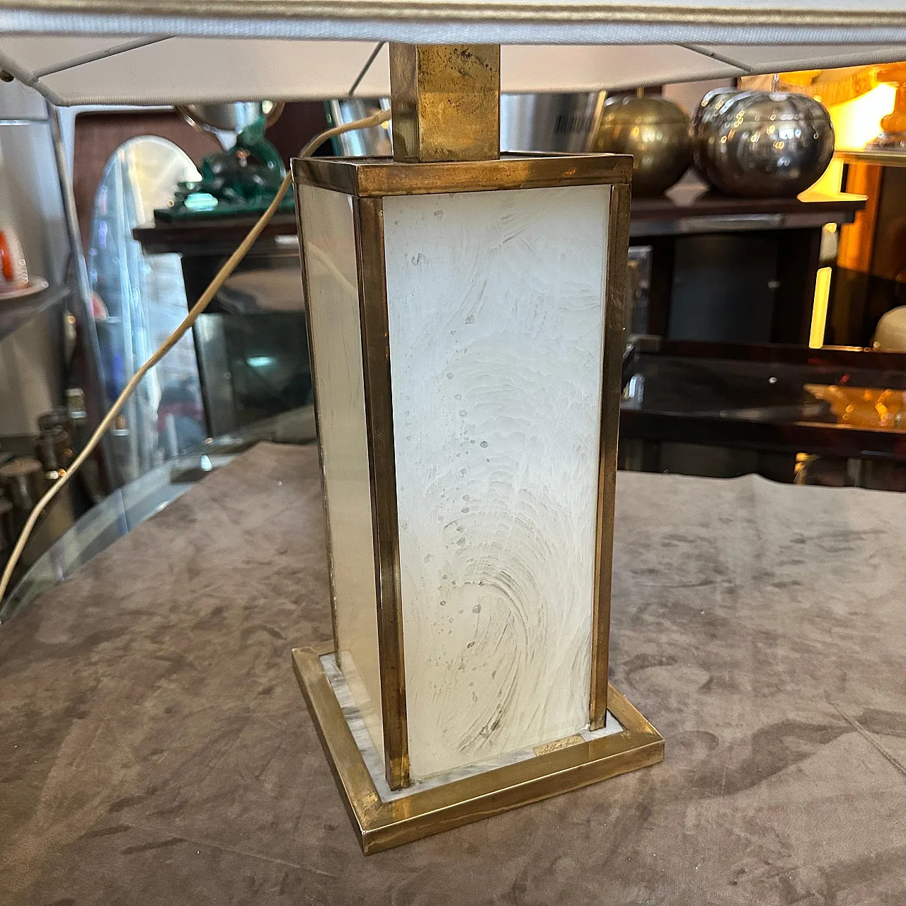 White lucite and brass table lamp, 1970s 9