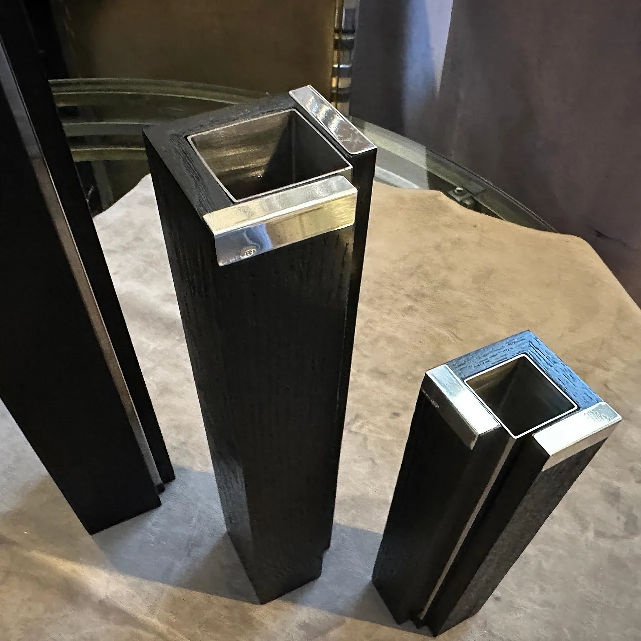 3 Vases in ebonized wood and sterling silver by Silvan, 1980s 9