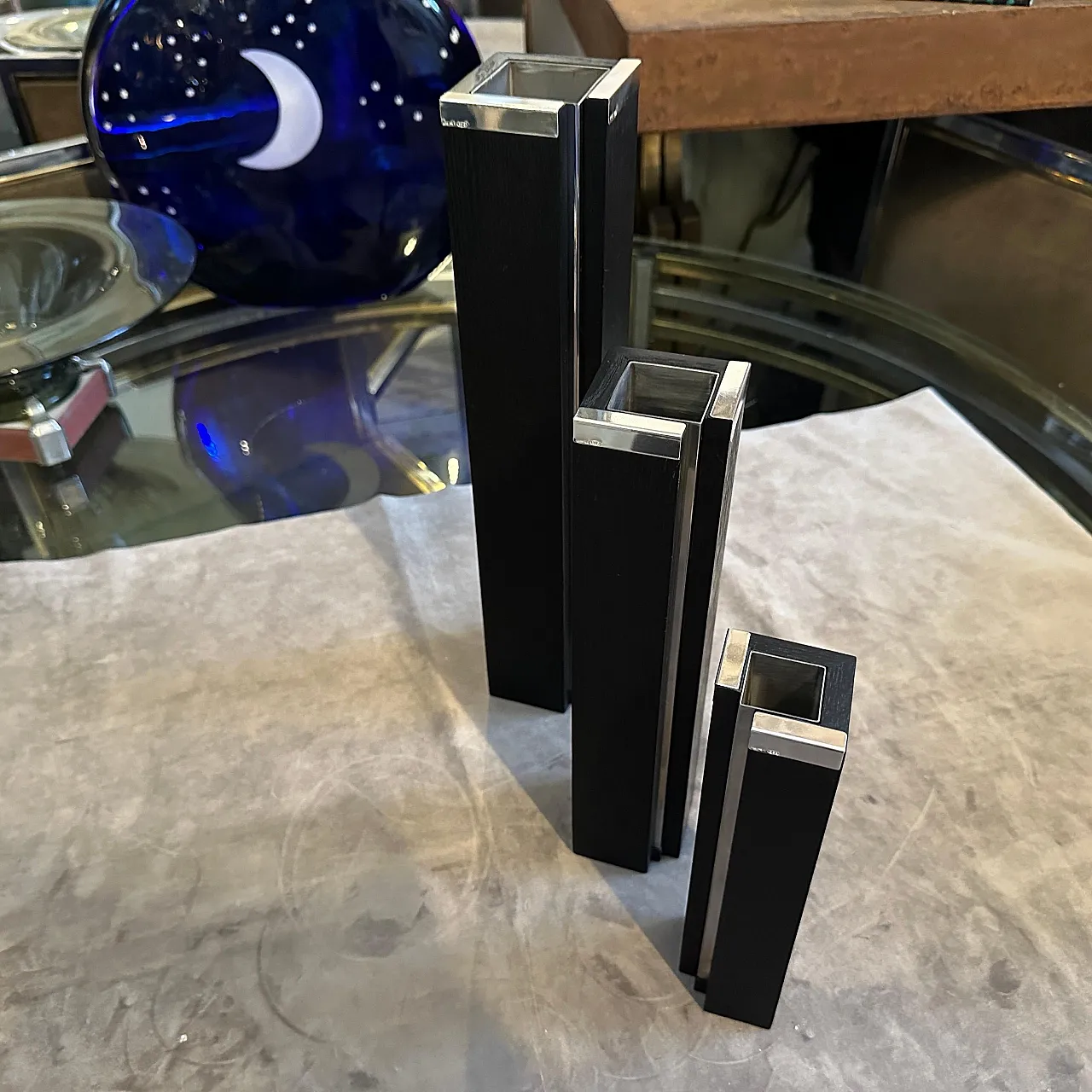 3 Vases in ebonized wood and sterling silver by Silvan, 1980s 12