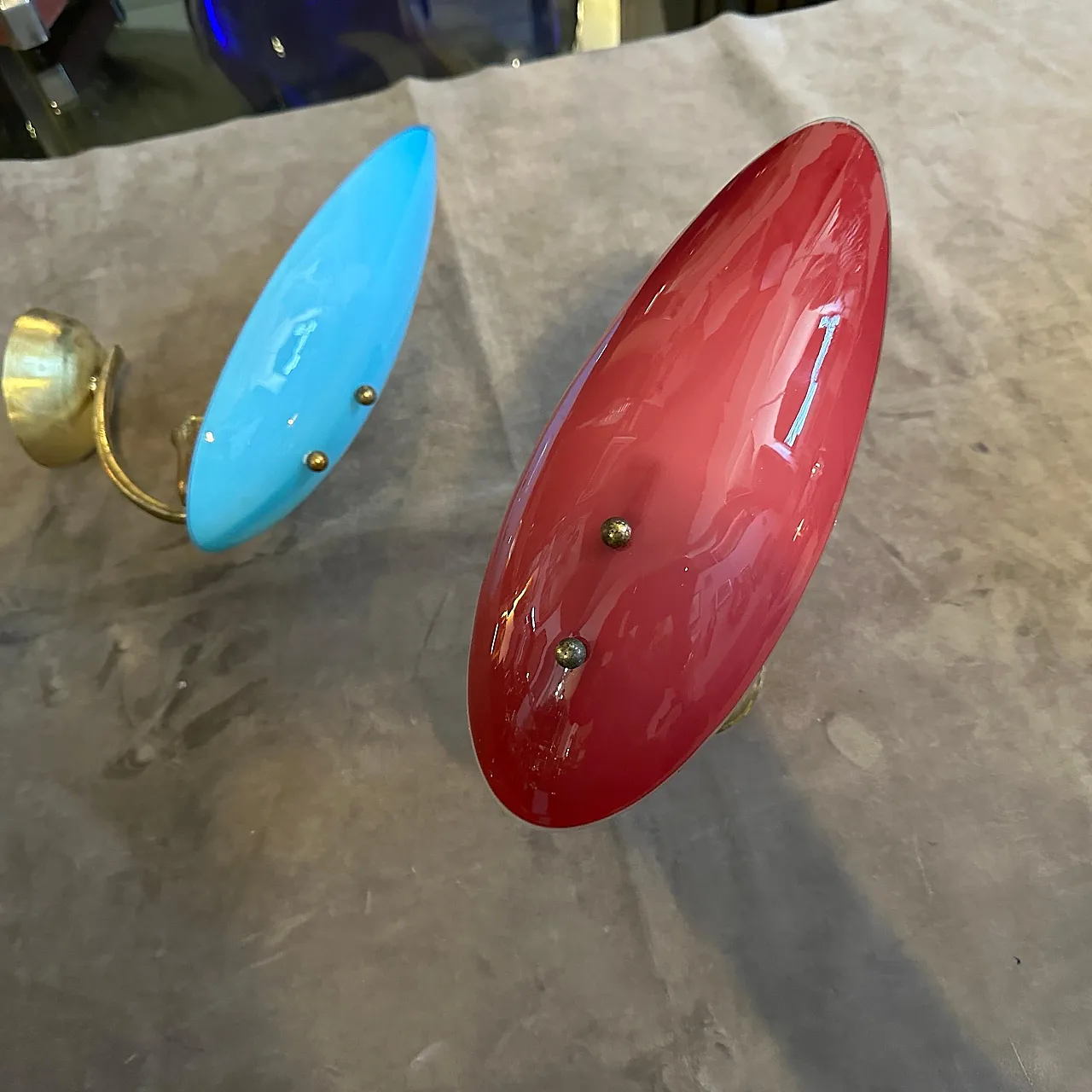 Pair of wall sconces in brass and opaline glass, 1950s 10